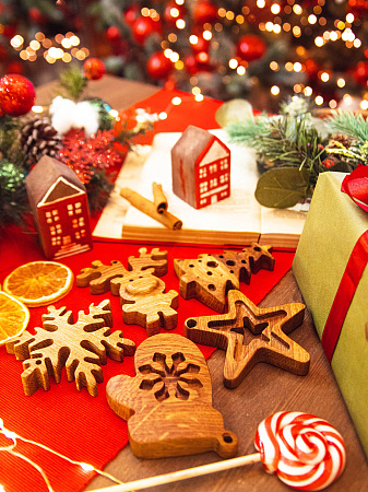 Новогодний набор из 5-ти деревянных ёлочных игрушек из дуба Елочка Варежка Олененок Звезда Снежинка